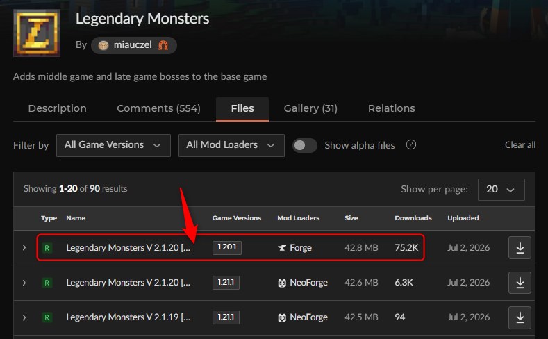 「Legendary Monsters」にアクセスしてバージョンを選択