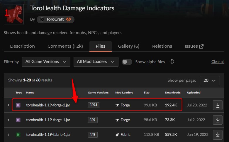 「ToroHealth Damage Indicators」にアクセスしてバージョンを選択