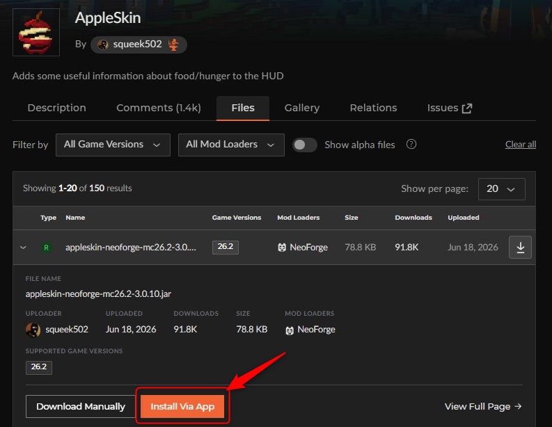 「AppleSkin」をインストール