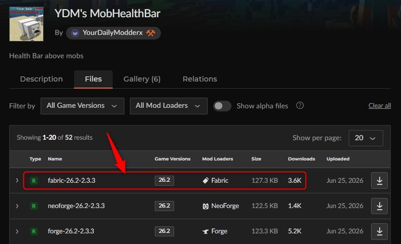 「YDM's MobHealthBar」にアクセスしてバージョンを選択