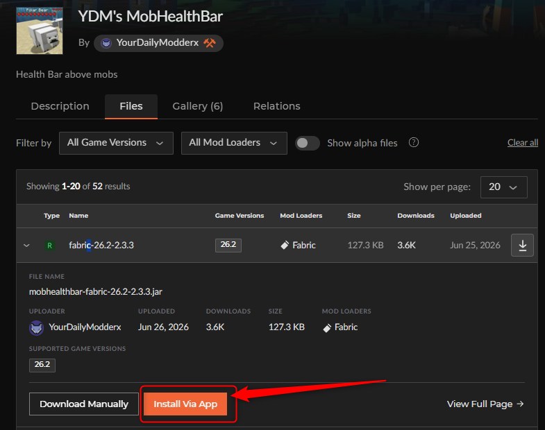 「YDM's MobHealthBar」をインストール