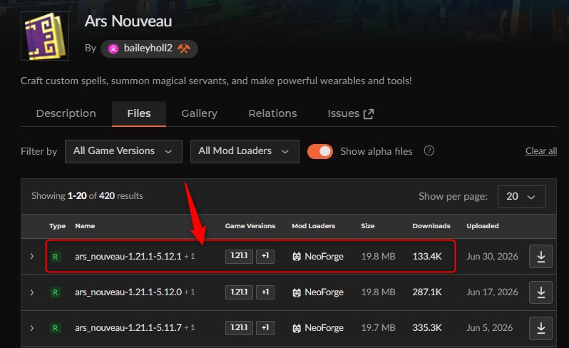 「Ars Nouveau」にアクセスしてバージョンを選択