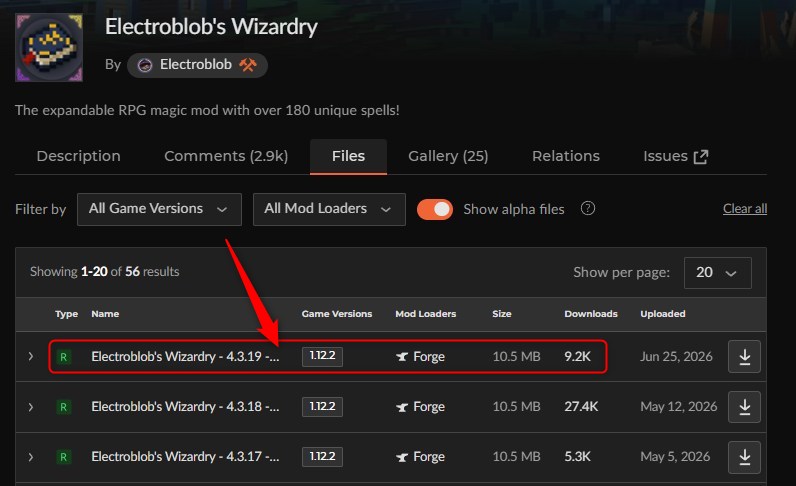 「Electroblob's Wizardry」にアクセスしてバージョンを選択