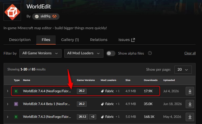 「WorldEdit」にアクセスしてバージョンを選択