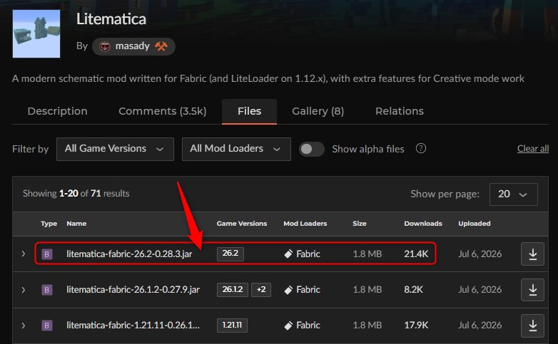 「Litematica」にアクセスしてバージョンを選択