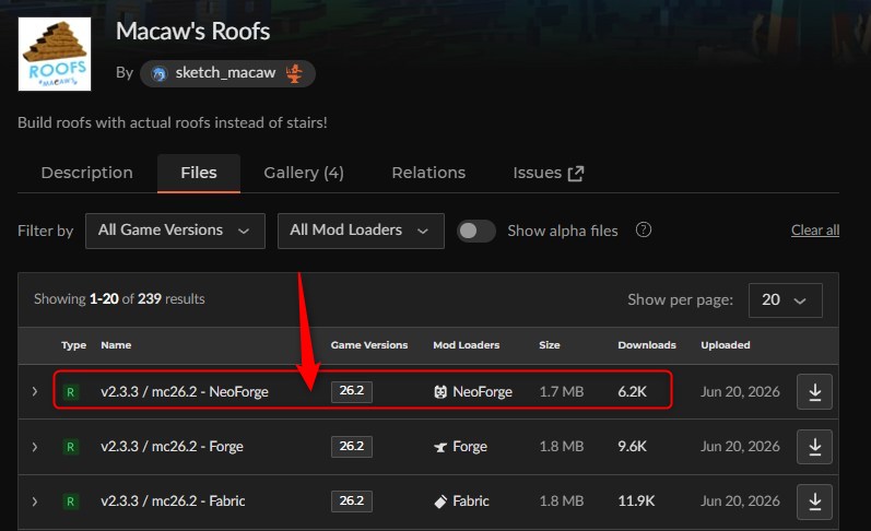 「Macaw's Mods」にアクセスしてバージョンを選択