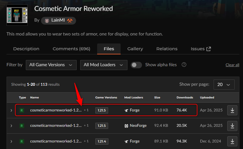「Cosmetic Armor Reworked」にアクセスしてバージョンを選択