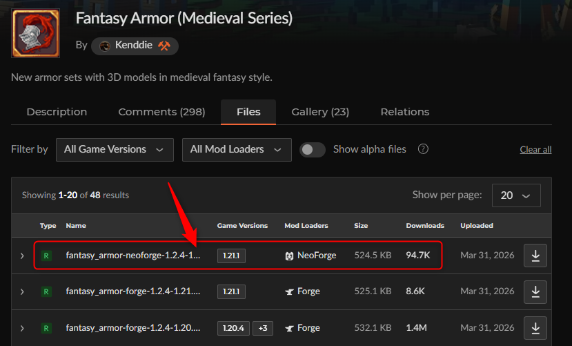 「Fantasy Armor」にアクセスしてバージョンを選択