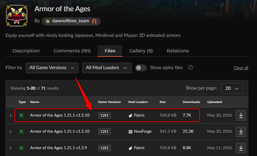 「Armor of the Ages」にアクセスしてバージョンを選択