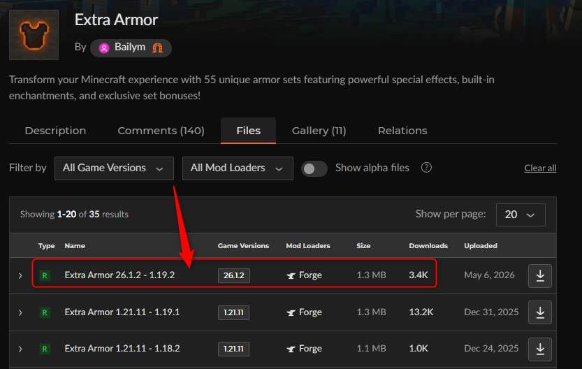 「Extra Armor」にアクセスしてバージョンを選択
