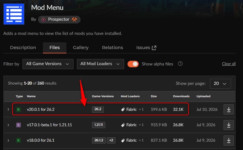 「Mod Menu」にアクセスしてバージョンを選択
