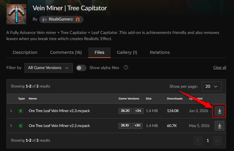 「Vein Miner | Tree Capitator | Leaf Capitator」にアクセスしてダウンロード