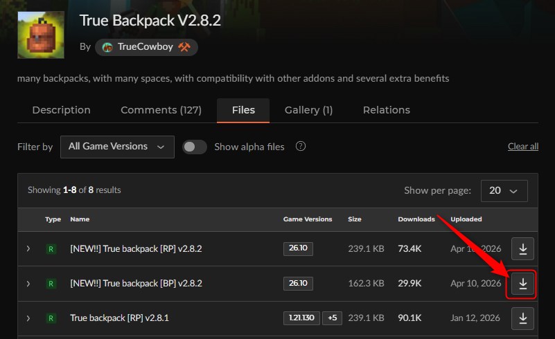 「True Backpack」にアクセスしてビヘイビアーパックをダウンロード