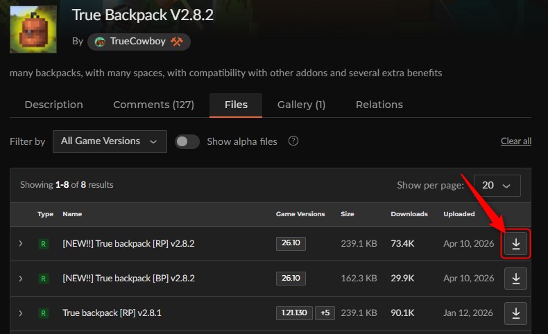 「True Backpack」にアクセスしてリソースパックをダウンロード