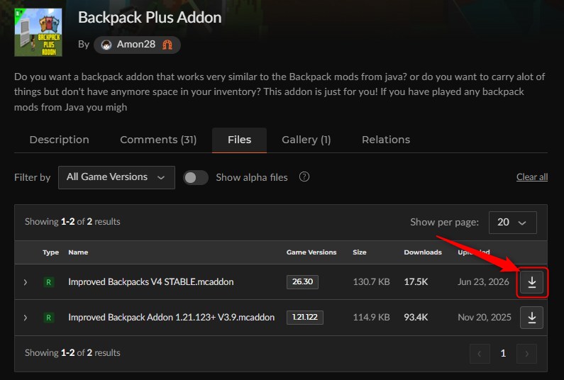 「Backpack Plus Addon」にアクセスしてダウンロード