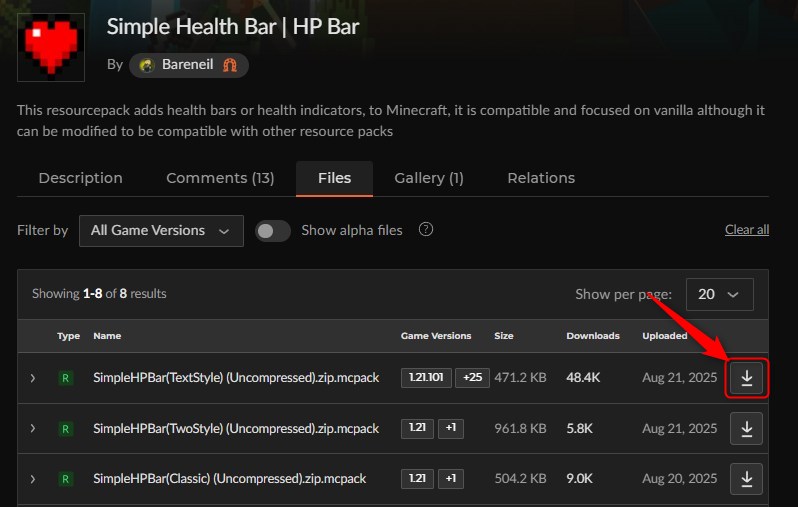 「Simple Health Bar」にアクセスしてダウンロード
