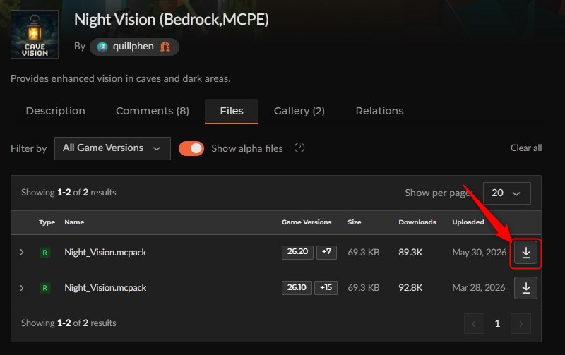 「Night Vision（Bedrock, MCPE）」にアクセスしてダウンロード
