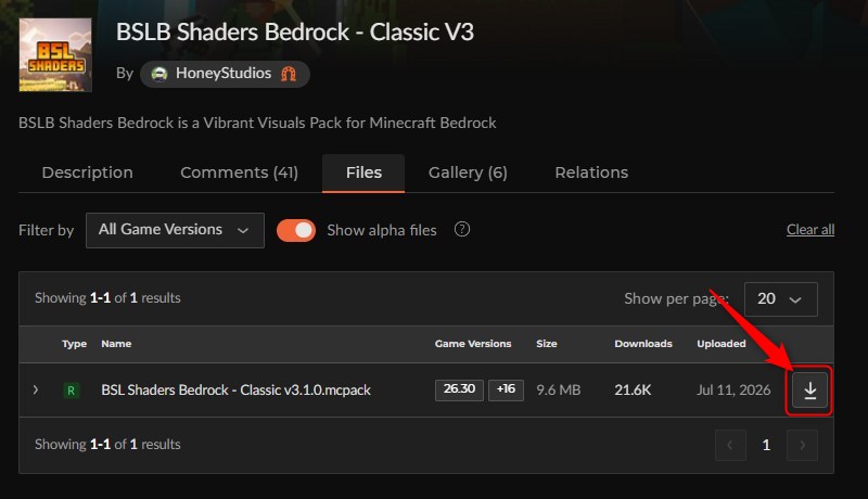 「BSLB Shaders Bedrock」にアクセスしてダウンロード