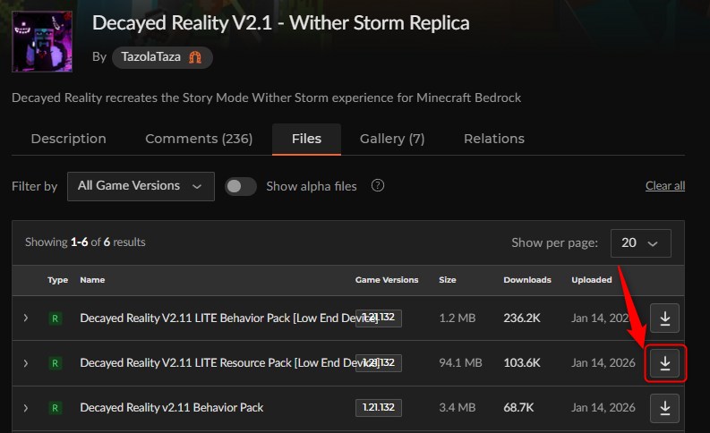 「Decayed Reality V2.1」にアクセスして、最新のリソースパックのファイルを選択
