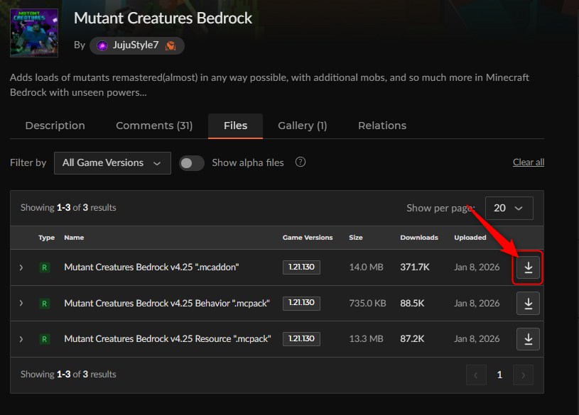 「Mutant Creatures Bedrock」にアクセスしてダウンロード