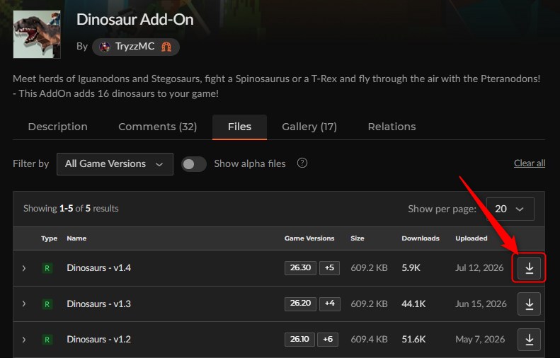 「Dinosaur Add-On」にアクセスしてダウンロード