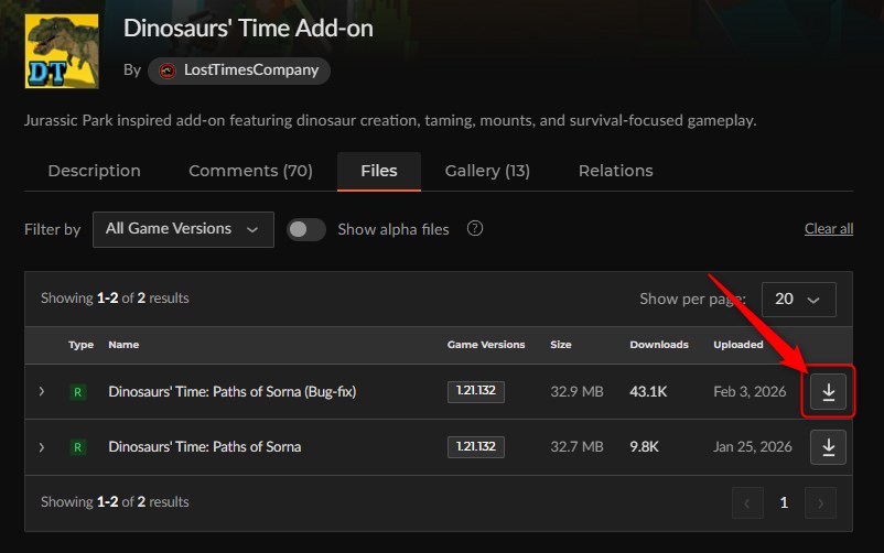 「Dinosaurs' Time Add-on」にアクセスしてダウンロード