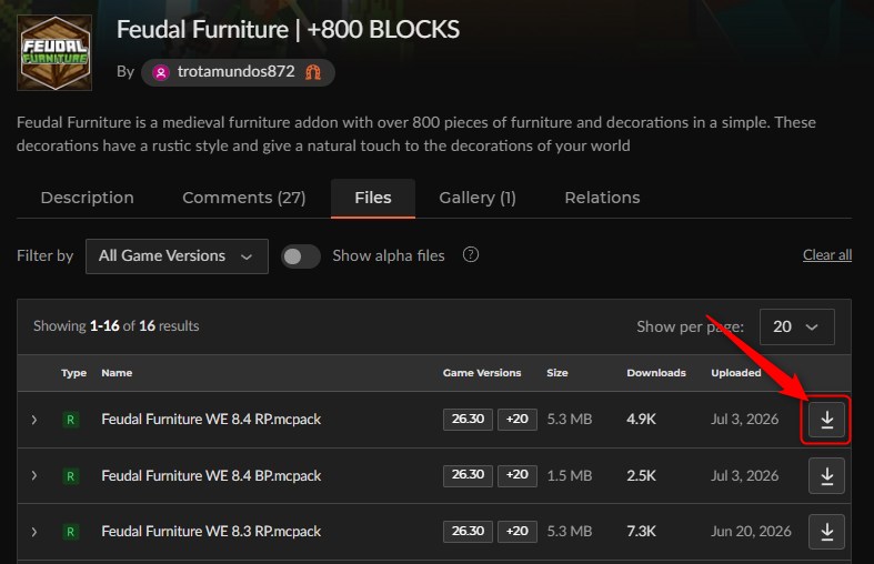 「Feudal Furniture」にアクセスしてダウンロード