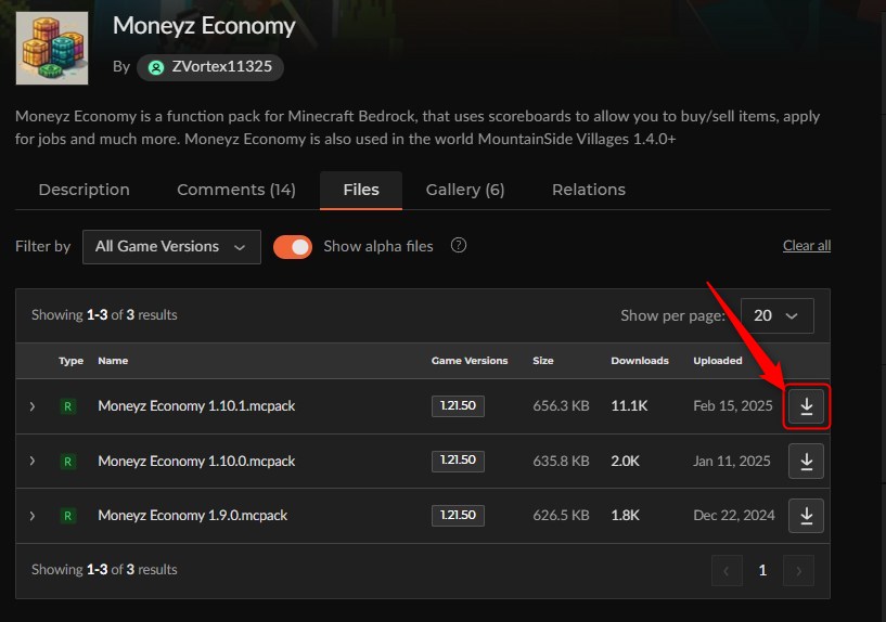 「Moneyz Economy」にアクセスして、最新の「.mcpack（.mcaddon）」ファイルをダウンロード