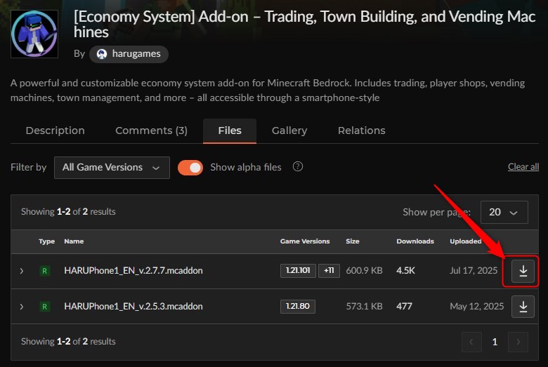 「[Economy System] Add-on」にアクセスして、最新の「.mcaddon」ファイルをダウンロード