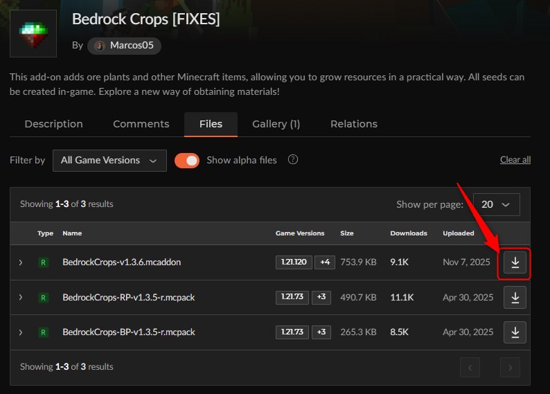 農業アドオン「Bedrock Crops [FIXES]」の入れ方