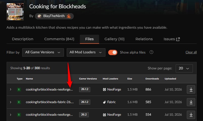 「Cooking for Blockheads」にアクセスしてバージョンを選択