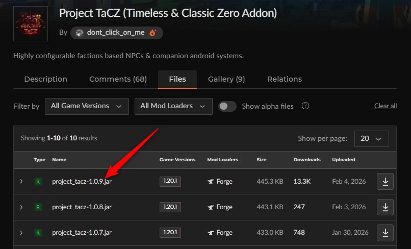 「Project TaCZ(Timeless & Classic Zero Addon)」にアクセスしてバージョンを選択