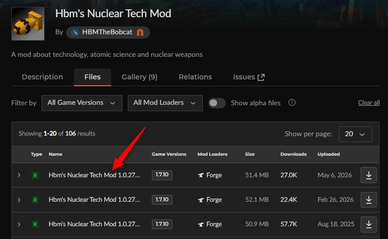 「HBM's Nuclear Tech Mod」にアクセスしてバージョンを選択