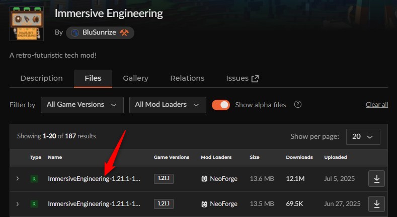 「Immersive Engineering」にアクセスしてバージョンを選択