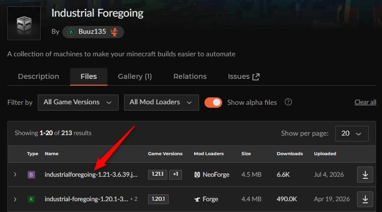 「Industrial Foregoing」にアクセスしてバージョンを選択