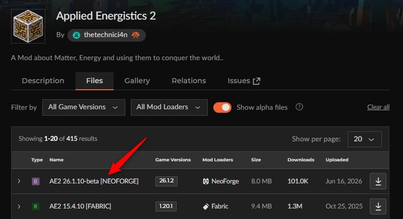 「Applied Energistics 2」にアクセスしてバージョンを選択