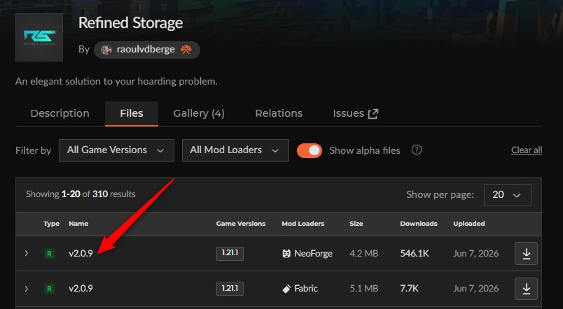 「Refined Storage」にアクセスしてバージョンを選択