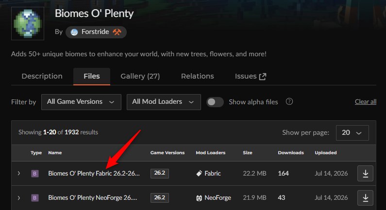 「Biomes O' Plenty」にアクセスしてバージョンを選択