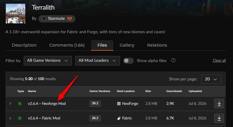 「Terralith」にアクセスしてバージョンを選択