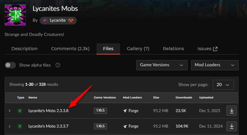 「Lycanites Mobs」にアクセスしてバージョンを選択1