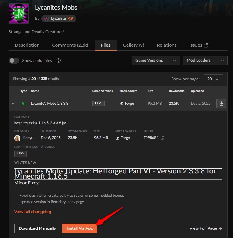 「Lycanites Mobs」にアクセスしてバージョンを選択2