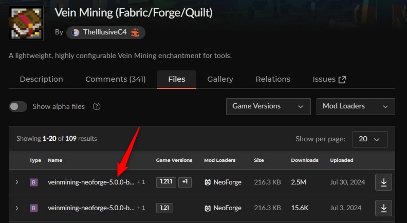 鉱石MOD「Vein Mining」の入れ方1