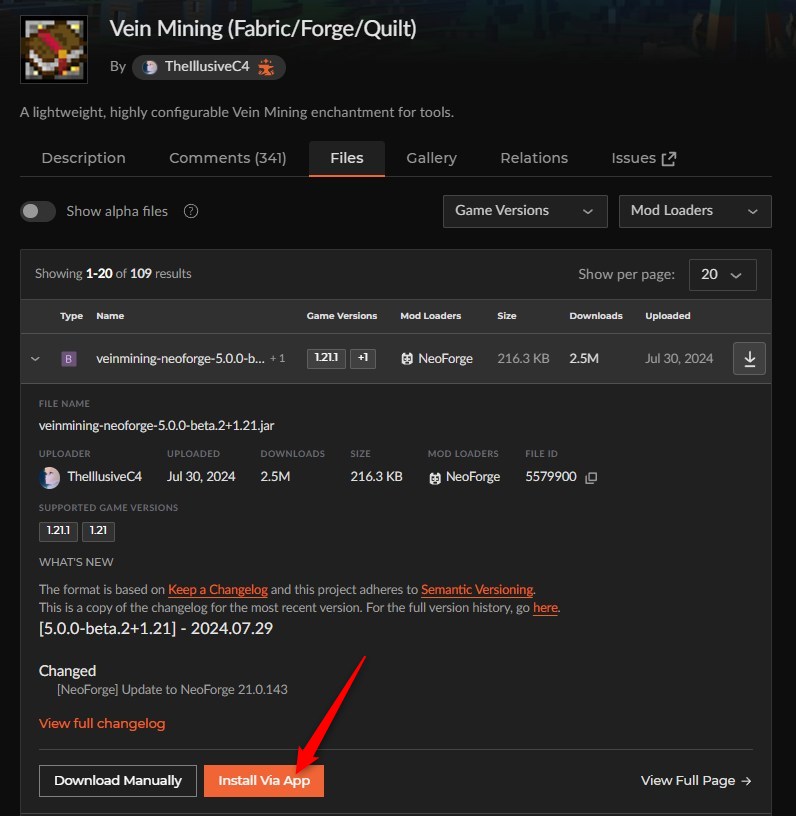 鉱石MOD「Vein Mining」の入れ方2