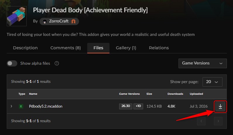 CurseForgeで死体アドオンPlayer Dead Bodyの.mcaddonファイルをダウンロードする画面