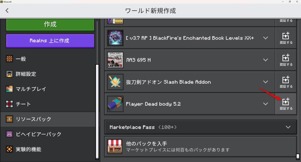 新規ワールドでPlayer Dead Bodyのリソースパックを認証する画面（マイクラ統合版）