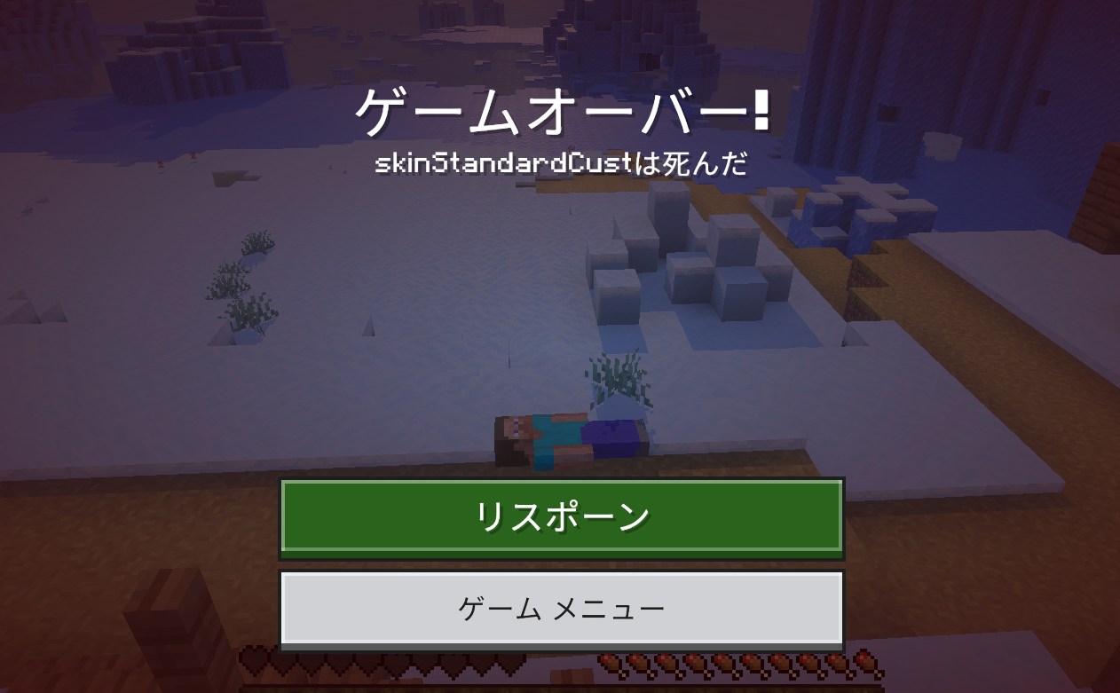 マイクラ統合版の死体アドオンの動作確認でワールド内の死亡地点に死体が出た画面