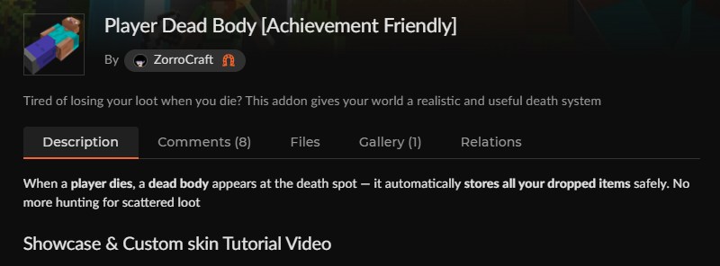 マイクラ統合版の死体アドオンPlayer Dead BodyのCurseForge配布ページ