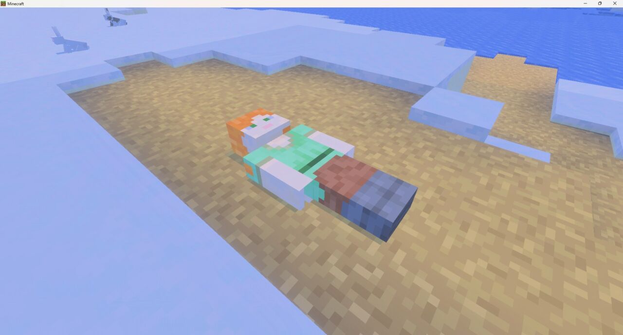 マイクラ統合版の死体アドオンPlayer Dead Bodyで死亡地点に死体が出現した画面