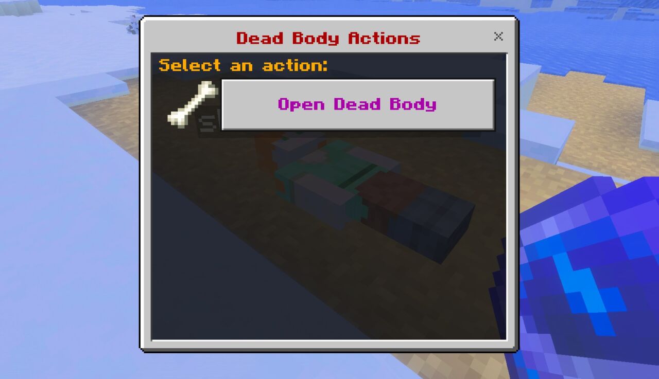 マイクラ統合版の死体アドオンで死体を叩いて回収メニューを開いた画面