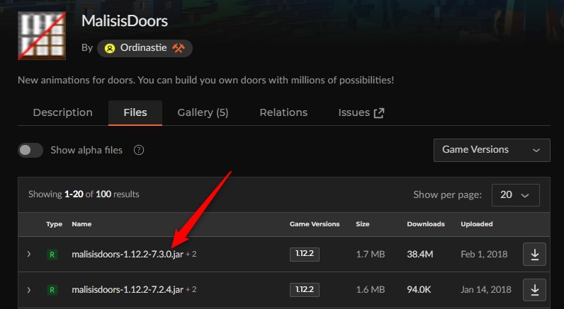 「MalisisDoors」にアクセスしてバージョンを選択